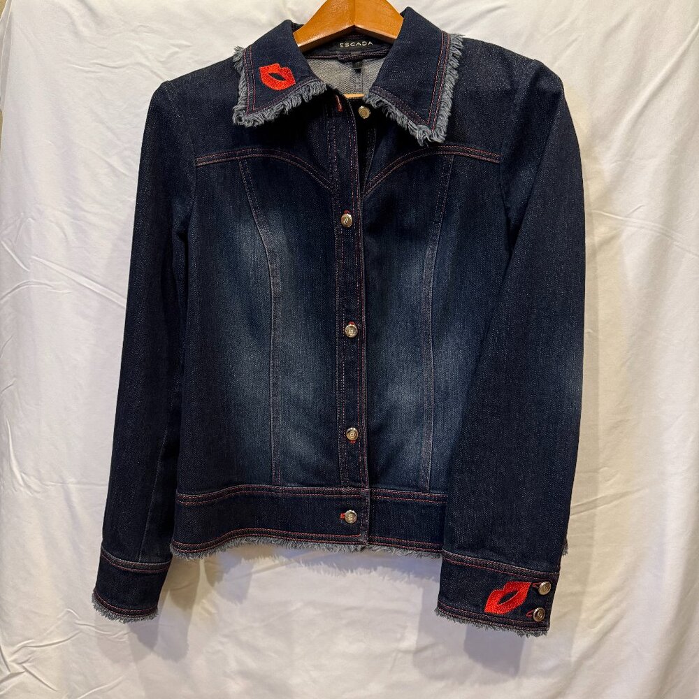 Escada Denim Jean Jacket size Medium (Italian 42) dark blue with red trim